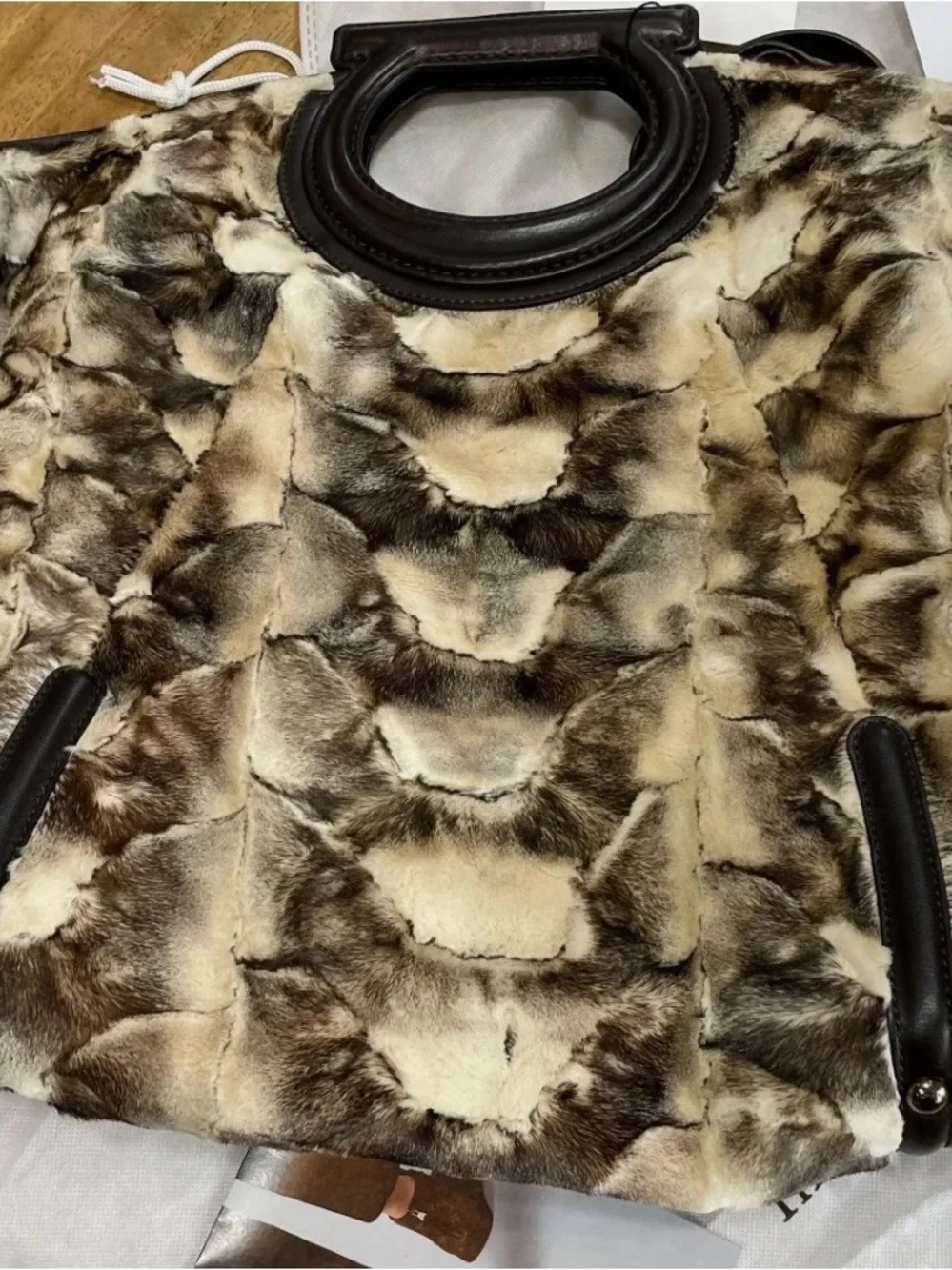 Salvatore Ferragamo White Brown Mink Fur Tote/Boho Bag